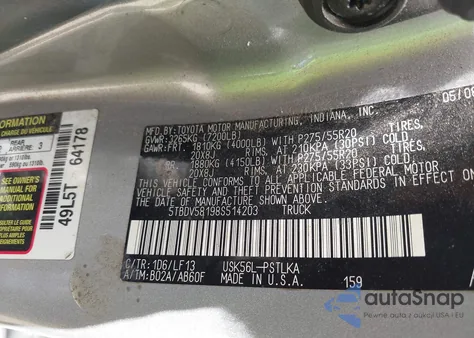 2008 Toyota Tundra Limited 5.7L V8 из США, поврежденный, VIN 5TBDV58198S514203